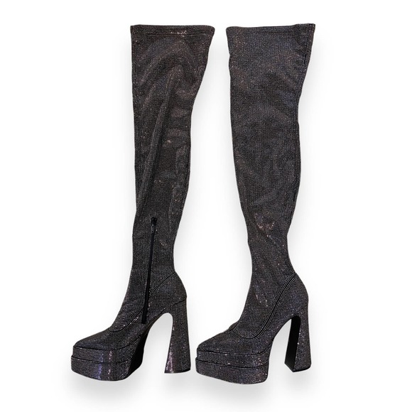 Steve Madden Sultry Rhinestone Over The Knee Platform Black Boots - Picture 11 of 16